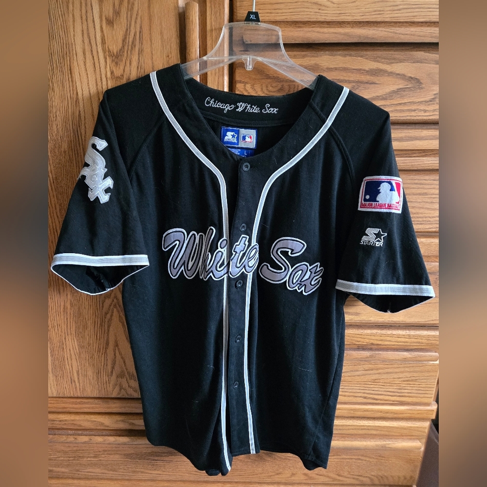 Starter MLB Chicago White Sox White Stitched Black Buttonup Jersey Large Gussets